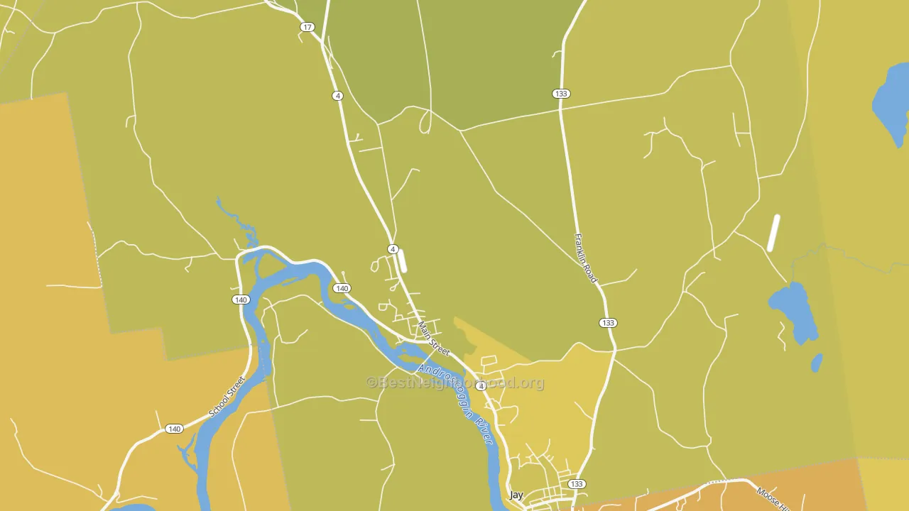 Map of the best neighborhoods in the Jay area, with better matches in green and worse matches in red