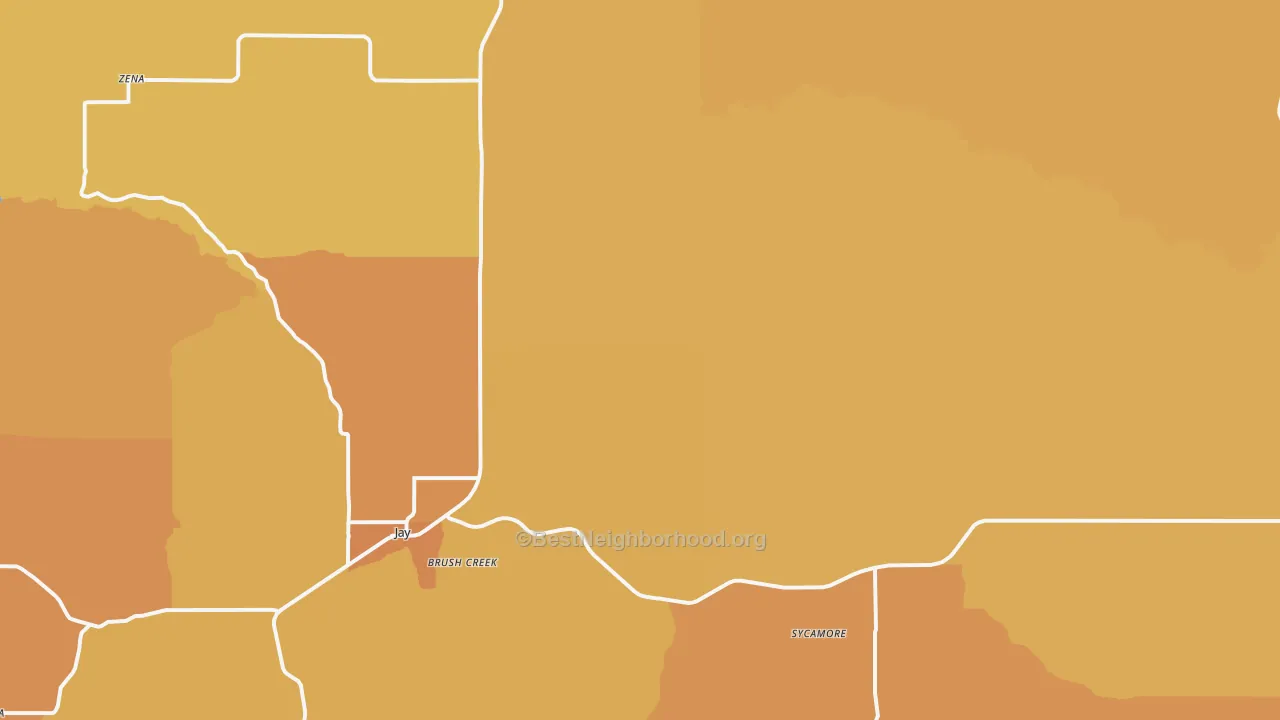 Map of the best neighborhoods in the Jay area, with better matches in green and worse matches in red