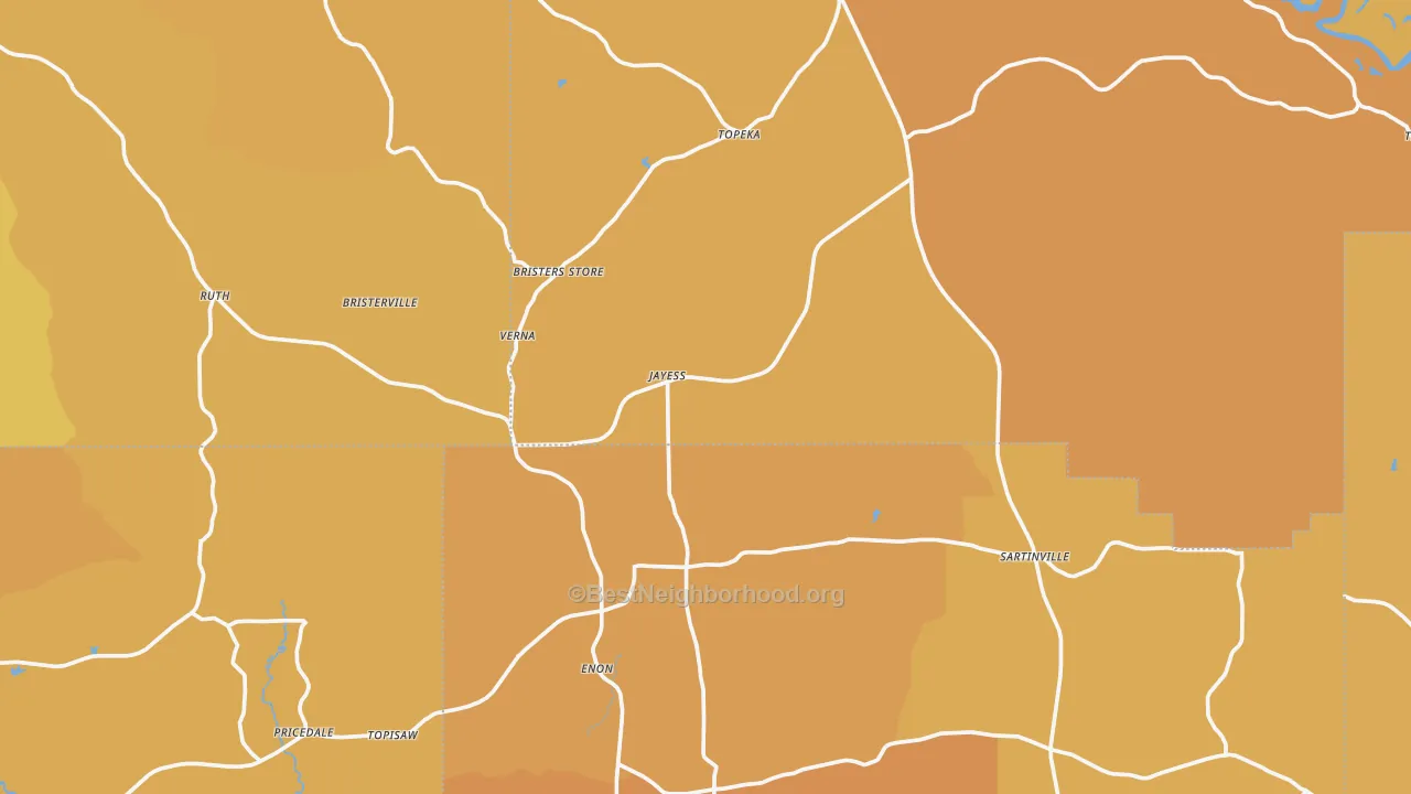 Map of the best neighborhoods in the Jayess area, with better matches in green and worse matches in red