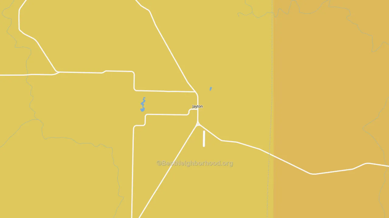 Map of the best neighborhoods in the Jayton area, with better matches in green and worse matches in red