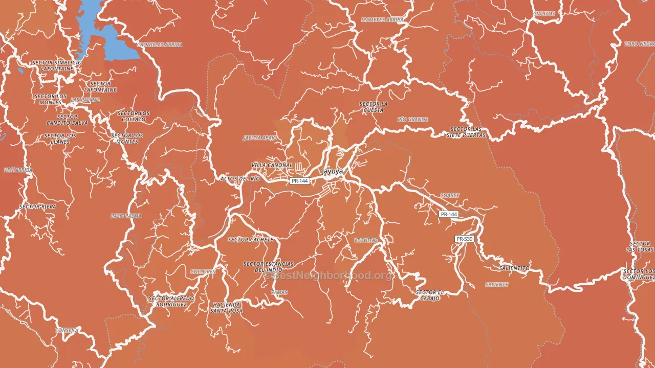 Map of the best neighborhoods in the Jayuya Municipio area, with better matches in green and worse matches in red