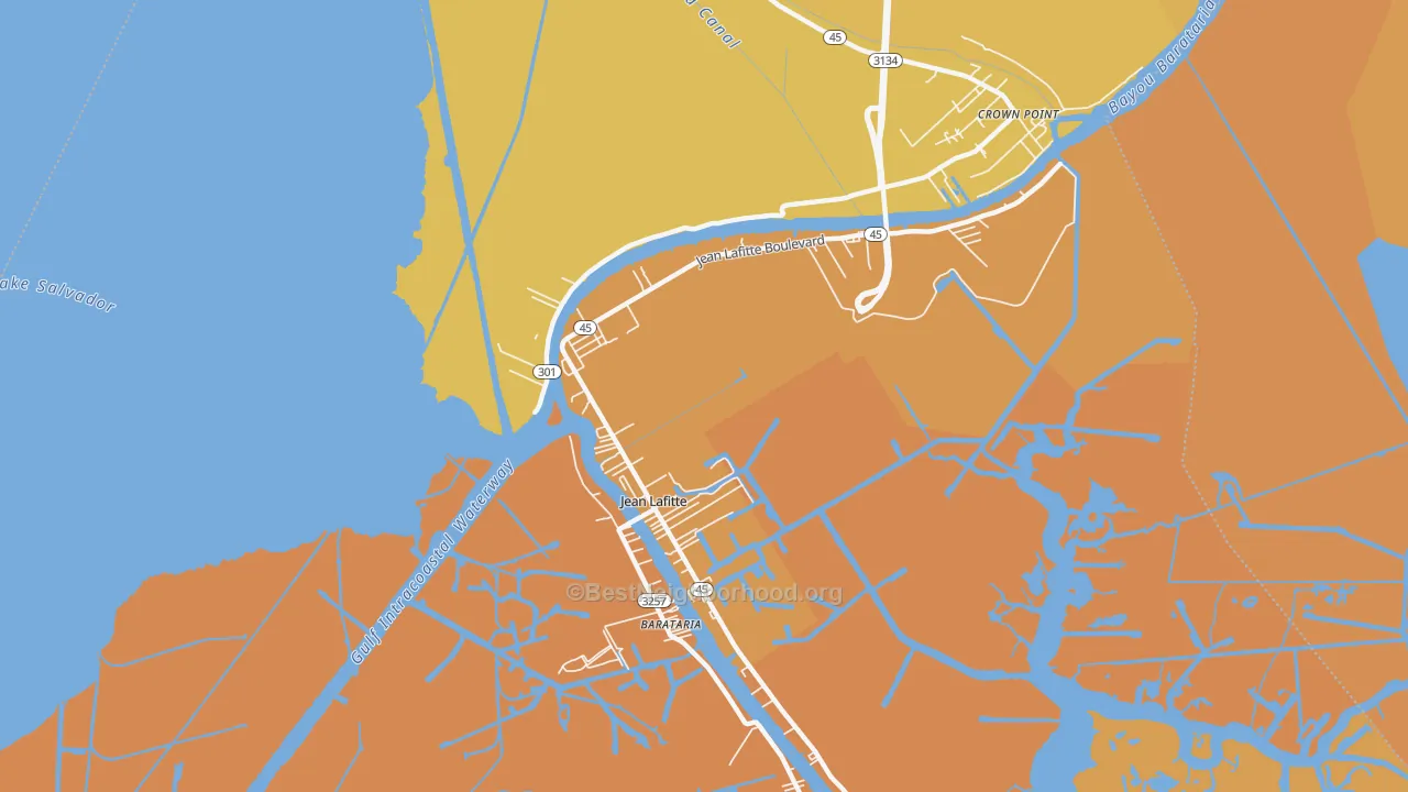 Map of the best neighborhoods in the Jean Lafitte area, with better matches in green and worse matches in red