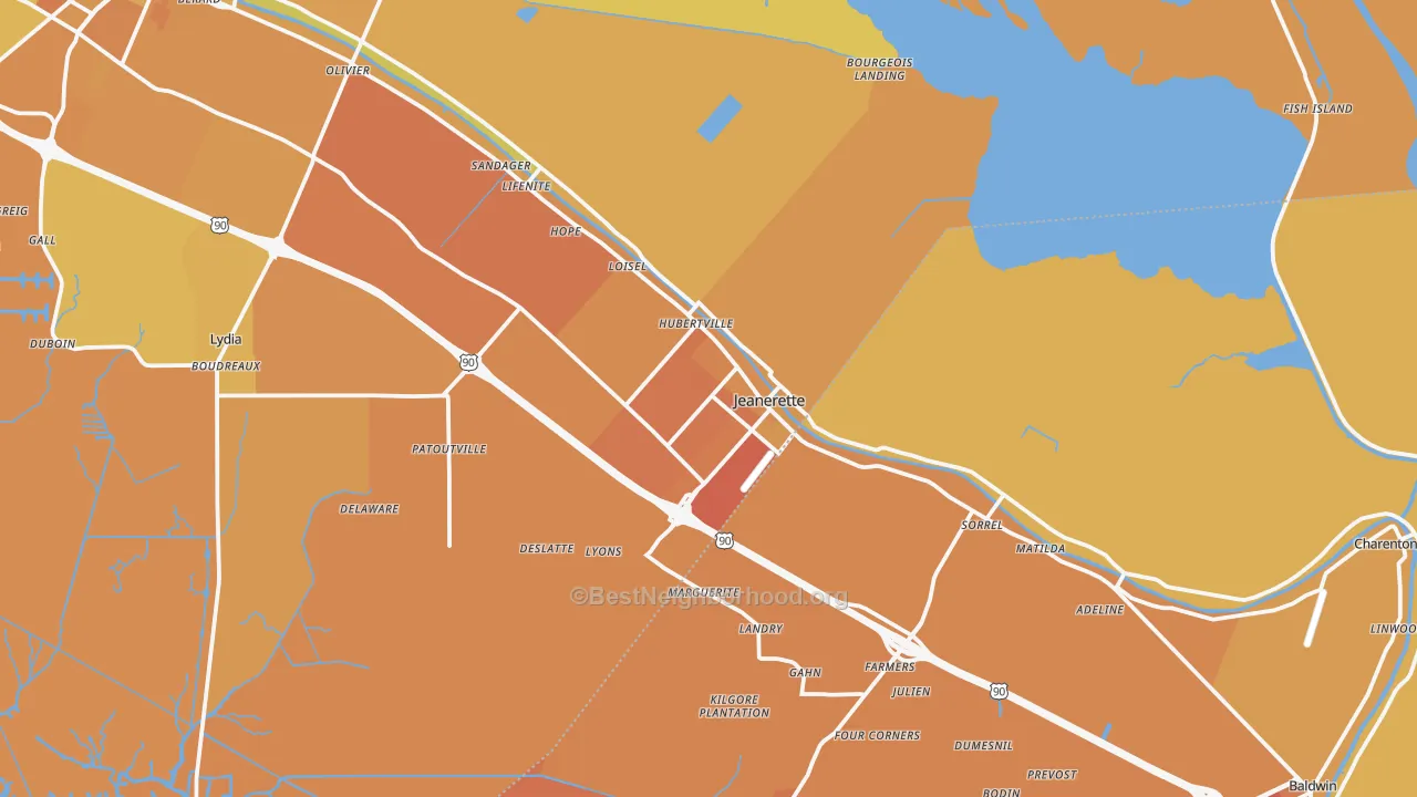Map of the best neighborhoods in the Jeanerette area, with better matches in green and worse matches in red