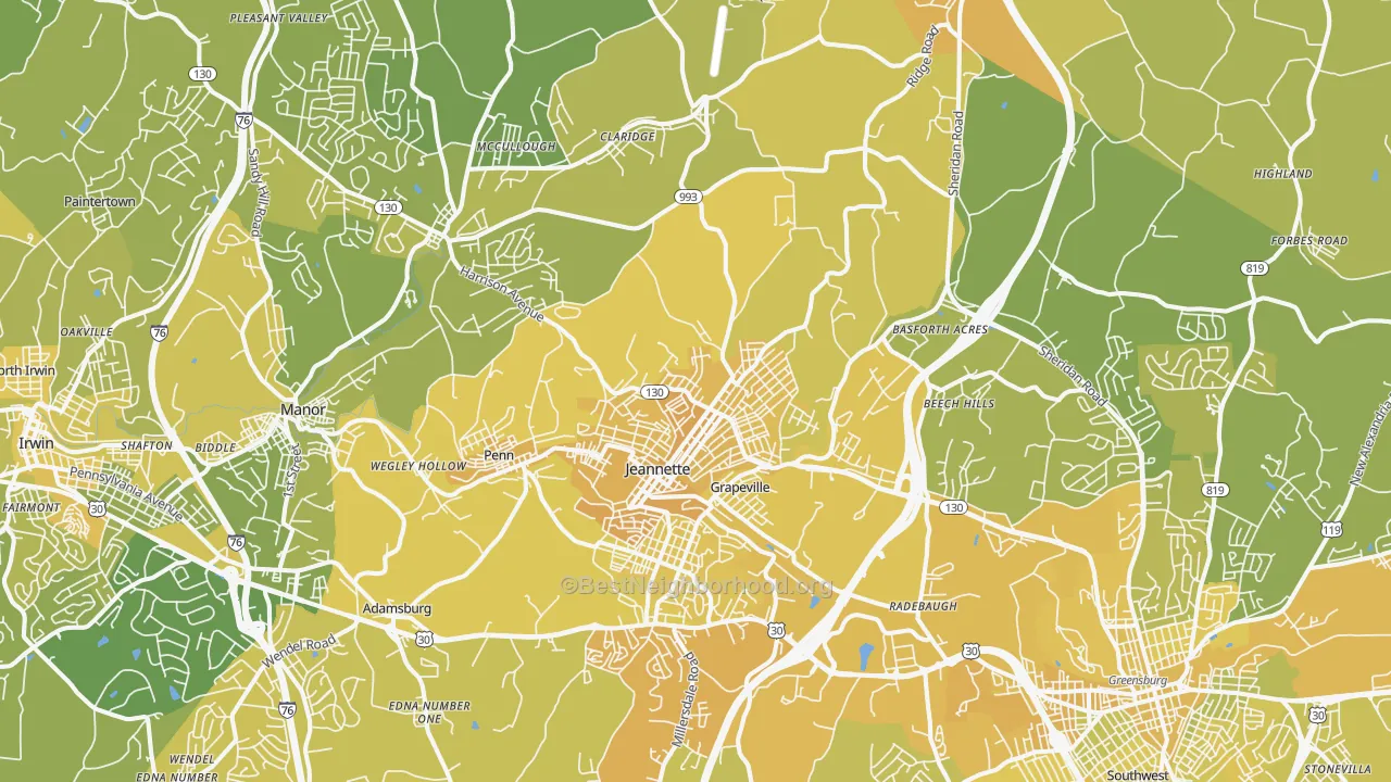 Map of the best neighborhoods in the Jeannette area, with better matches in green and worse matches in red