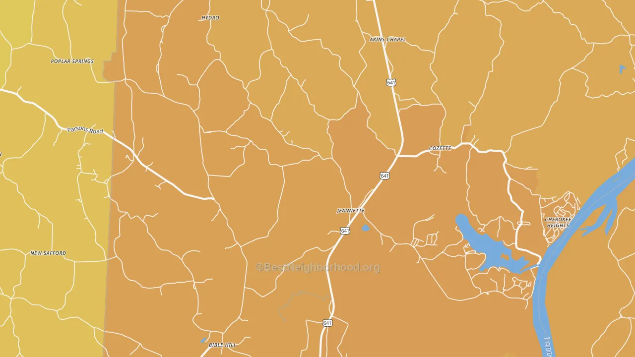 Map of the best neighborhoods in the Jeannette area, with better matches in green and worse matches in red