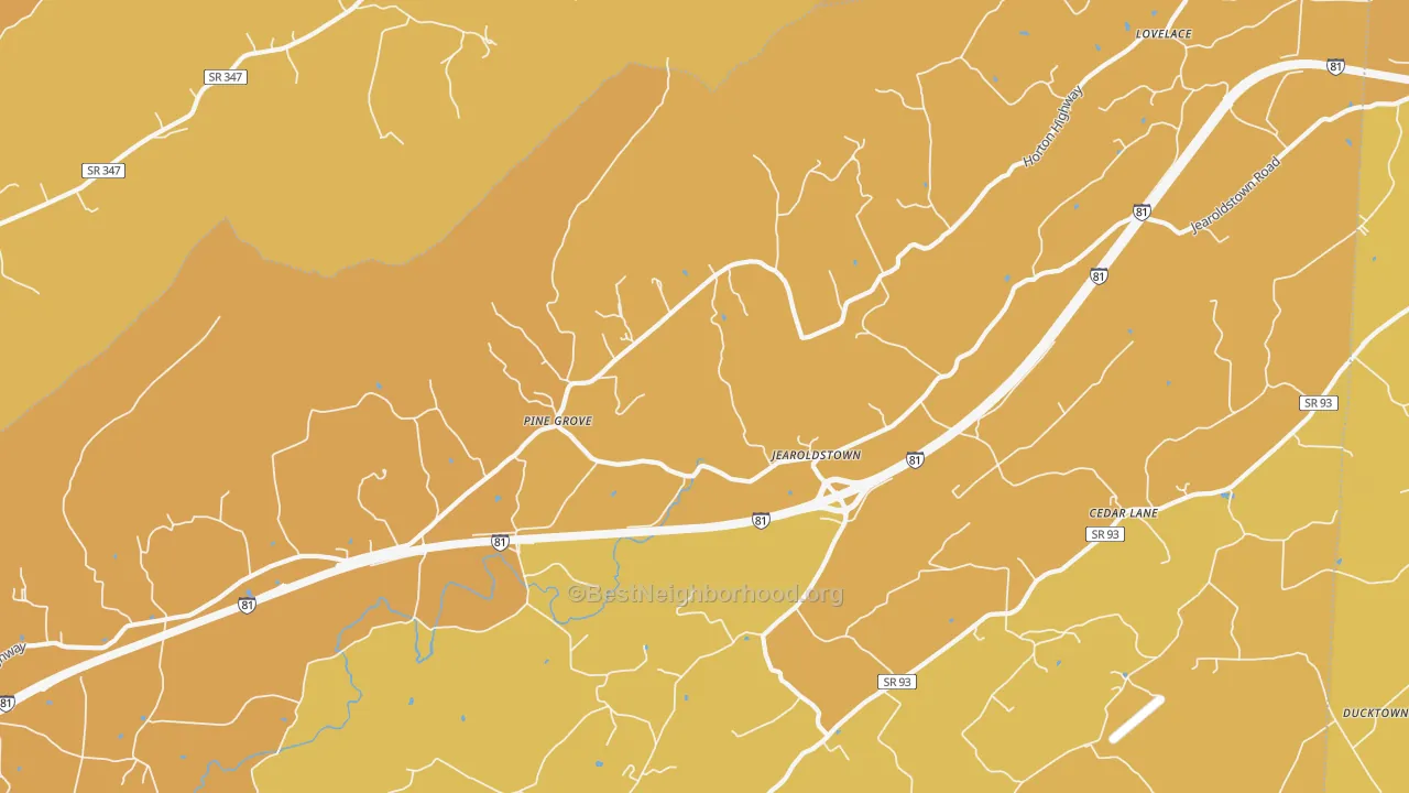 Map of the best neighborhoods in the Jearoldstown area, with better matches in green and worse matches in red