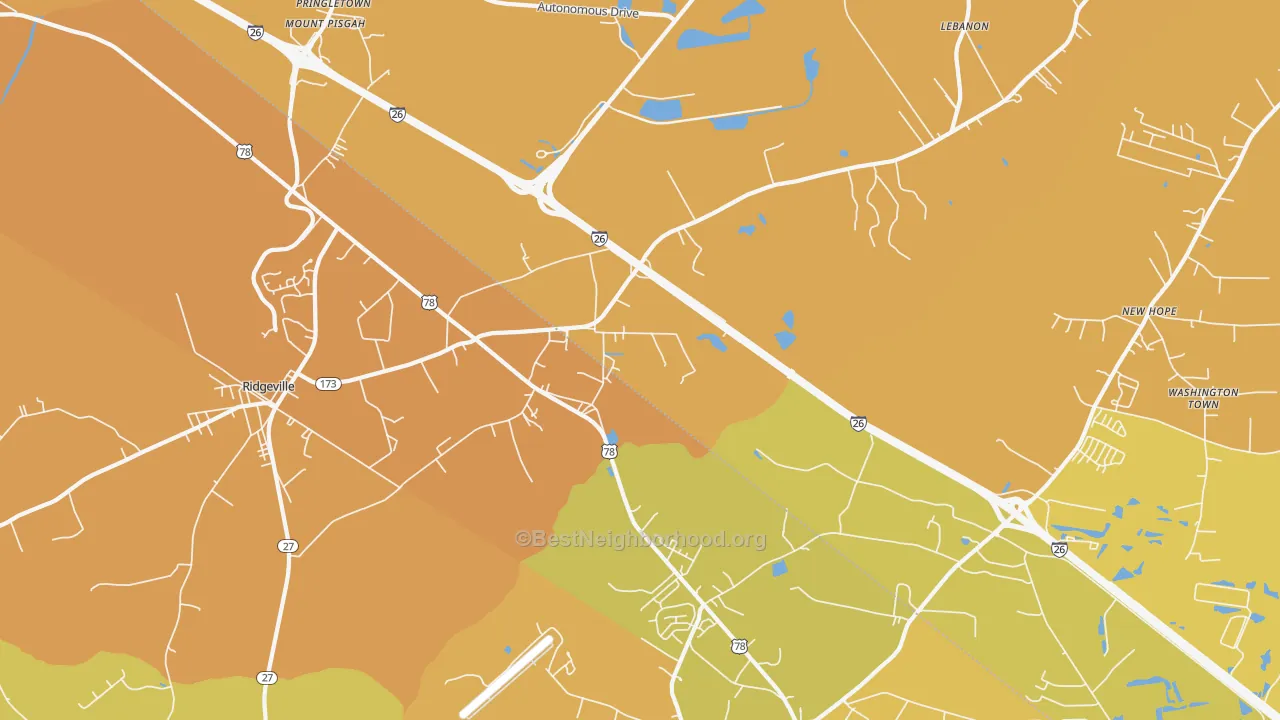 Map of the best neighborhoods in the Jedburg area, with better matches in green and worse matches in red