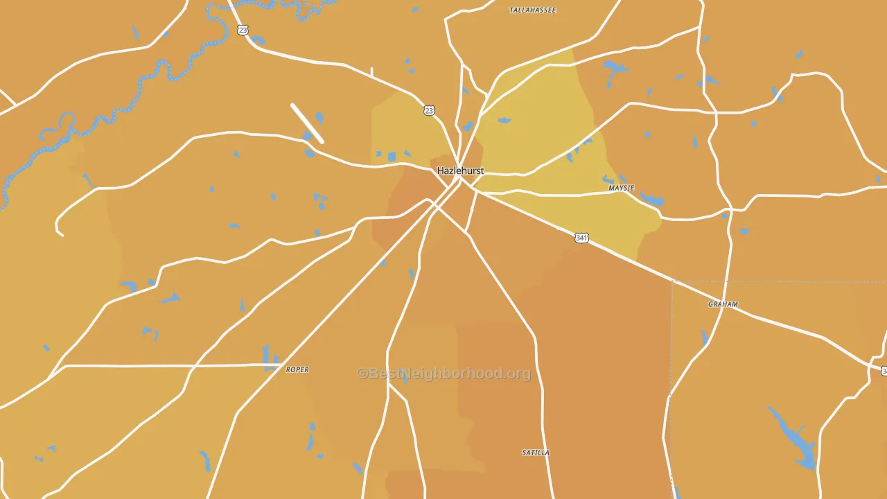 Map of the best neighborhoods in the Jeff Davis County area, with better matches in green and worse matches in red