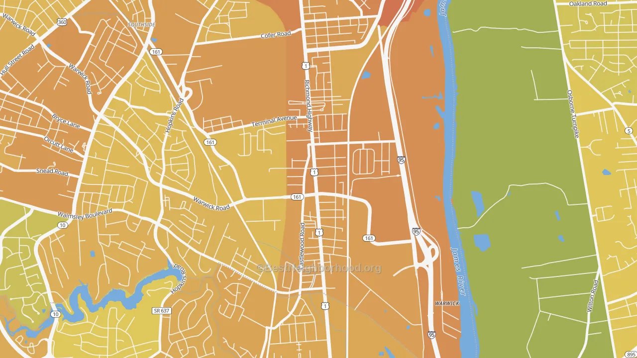Map of the best neighborhoods in the Jeff Davis, Richmond area, with better matches in green and worse matches in red