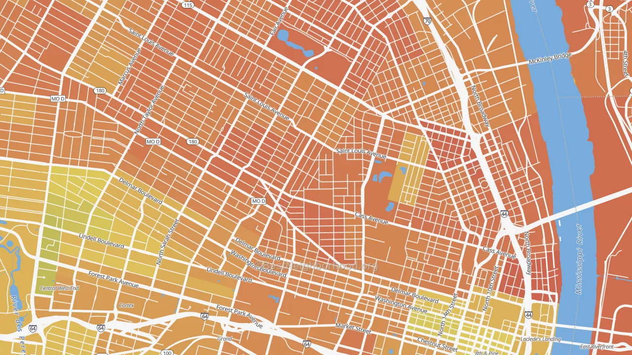 Map of the best neighborhoods in the Jeff-Vander-Lou, St. Louis area, with better matches in green and worse matches in red