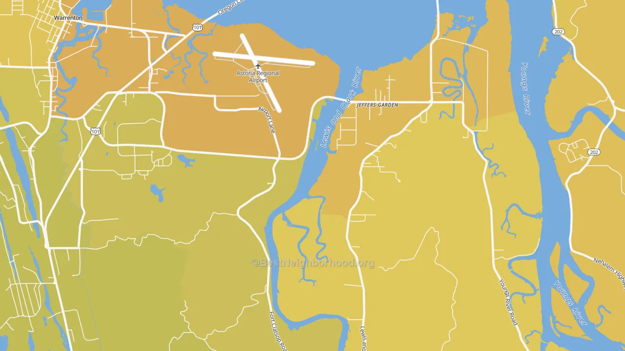 Map of the best neighborhoods in the Jeffers Garden area, with better matches in green and worse matches in red