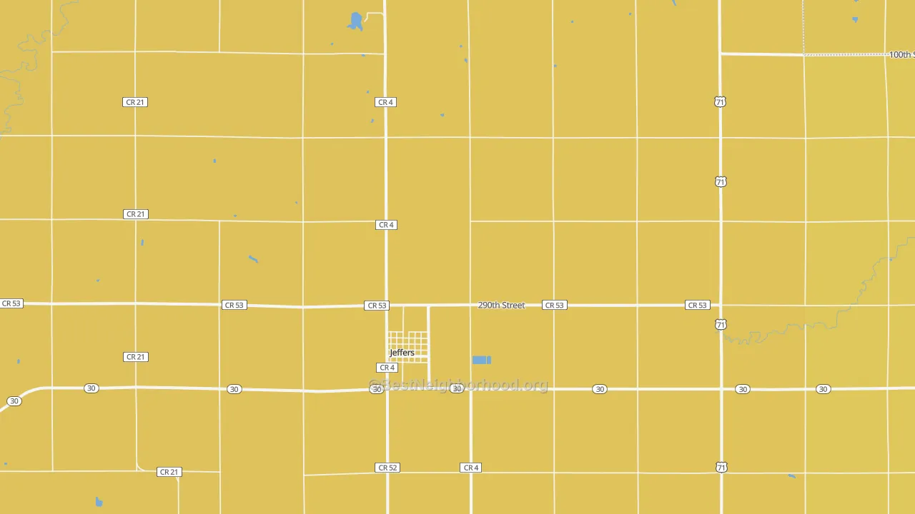 Map of the best neighborhoods in the Jeffers area, with better matches in green and worse matches in red