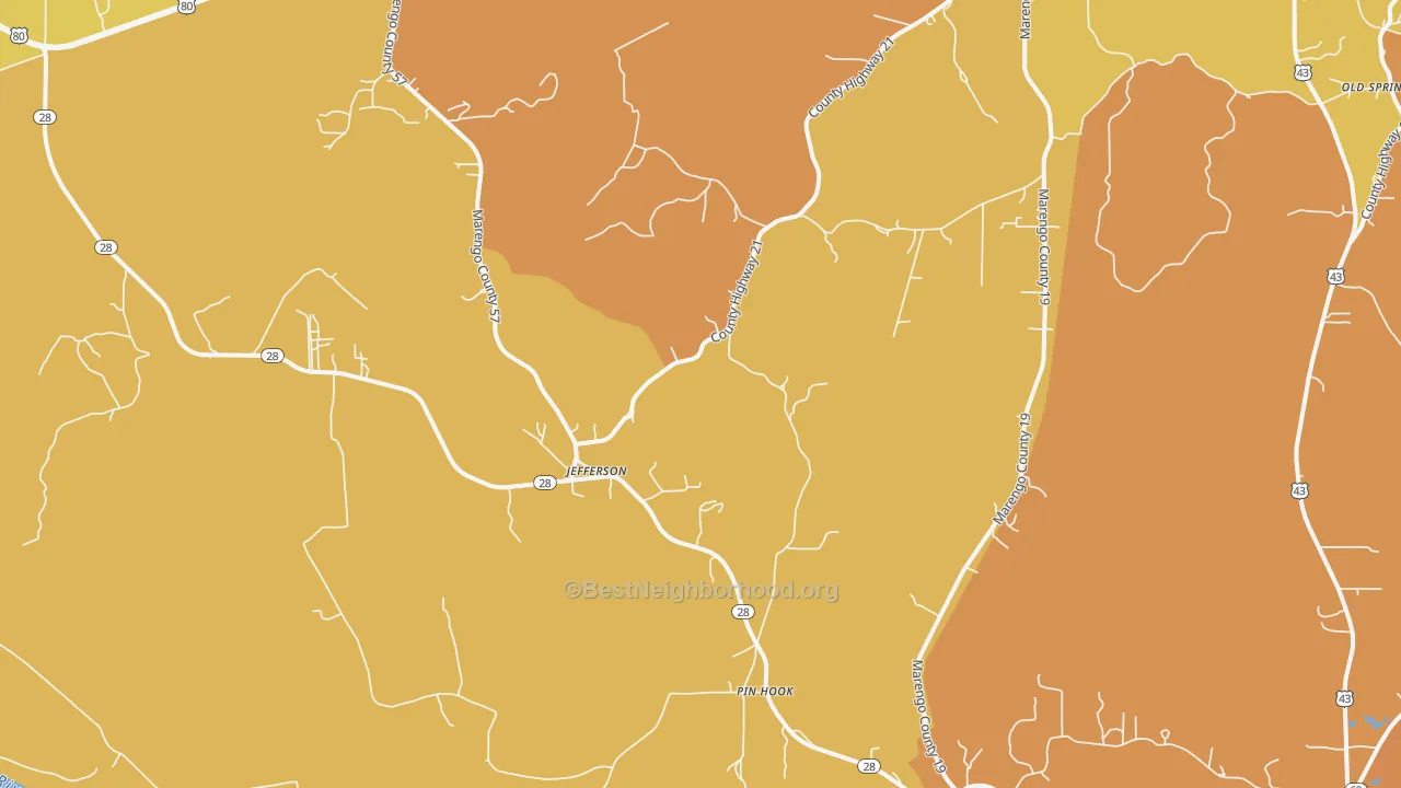 Map of the best neighborhoods in the Jefferson area, with better matches in green and worse matches in red