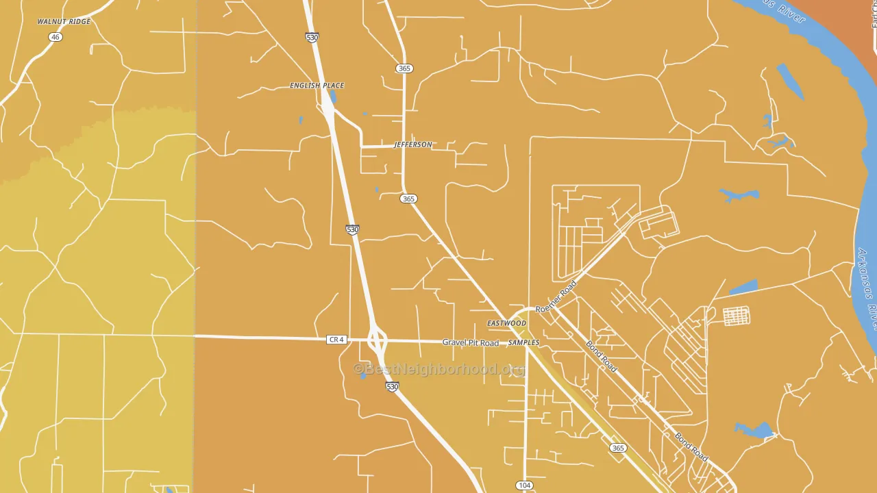 Map of the best neighborhoods in the Jefferson area, with better matches in green and worse matches in red
