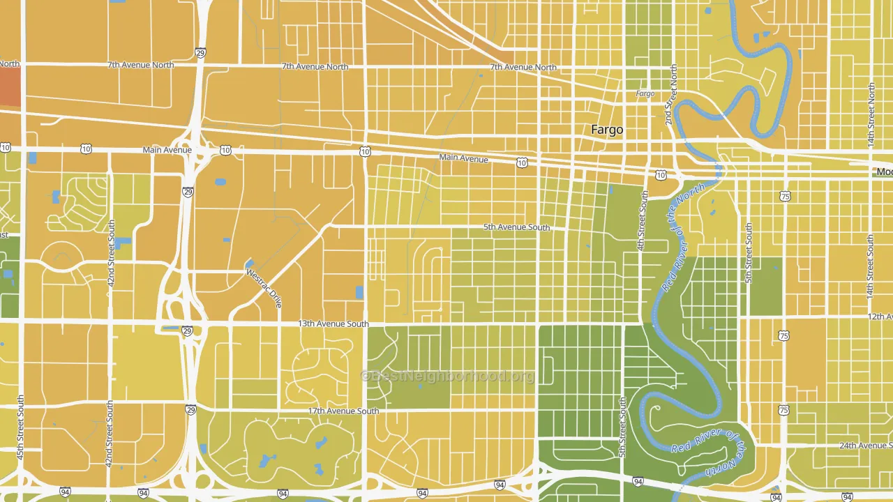 Map of the best neighborhoods in the Jefferson-Carl Ben, Fargo area, with better matches in green and worse matches in red
