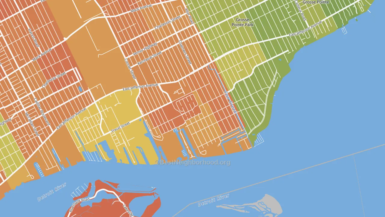 Map of the best neighborhoods in the Jefferson Chalmers, Detroit area, with better matches in green and worse matches in red
