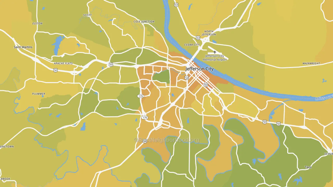 Map of the best neighborhoods in the Jefferson City Metro area, with better matches in green and worse matches in red