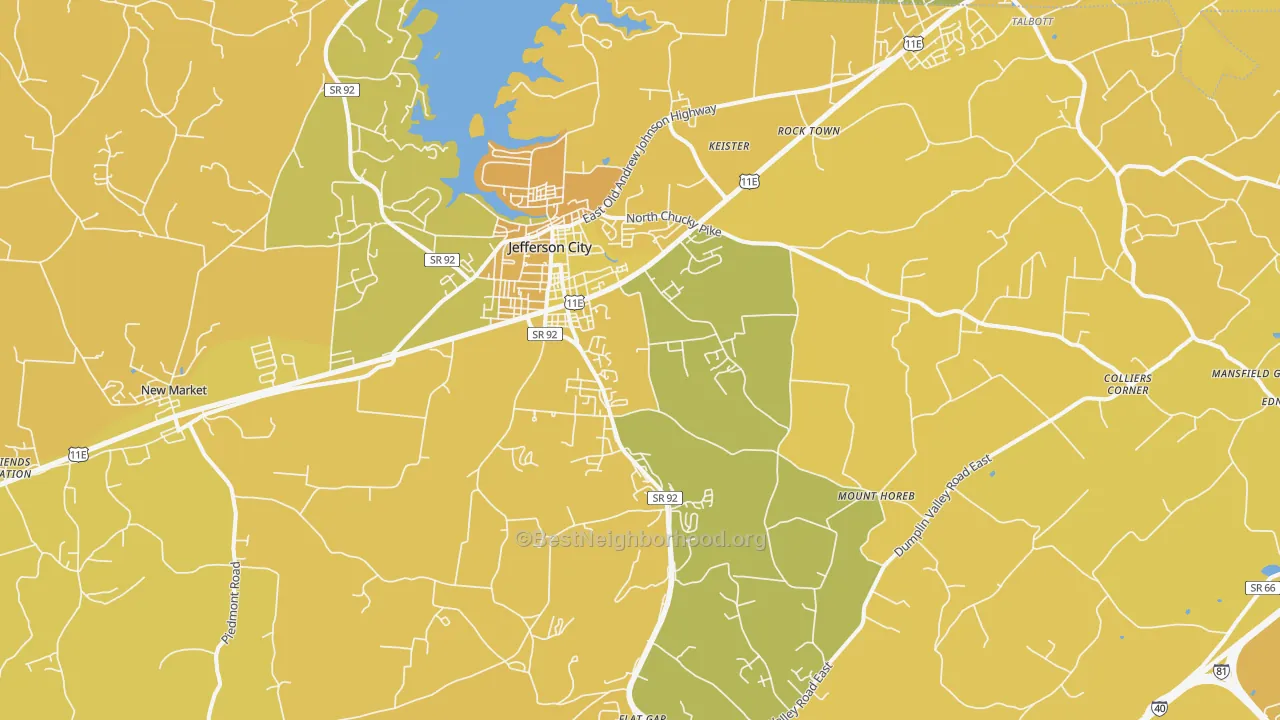 Map of the best neighborhoods in the Jefferson City area, with better matches in green and worse matches in red