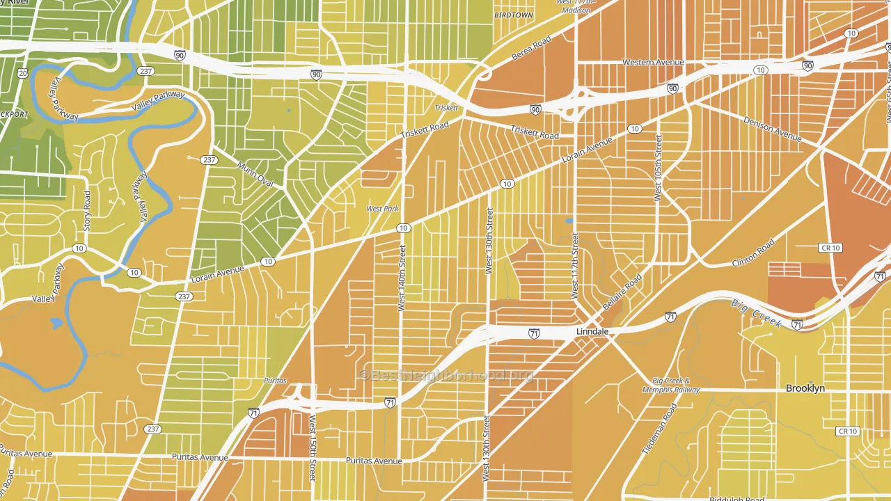Map of the best neighborhoods in the Jefferson, Cleveland area, with better matches in green and worse matches in red