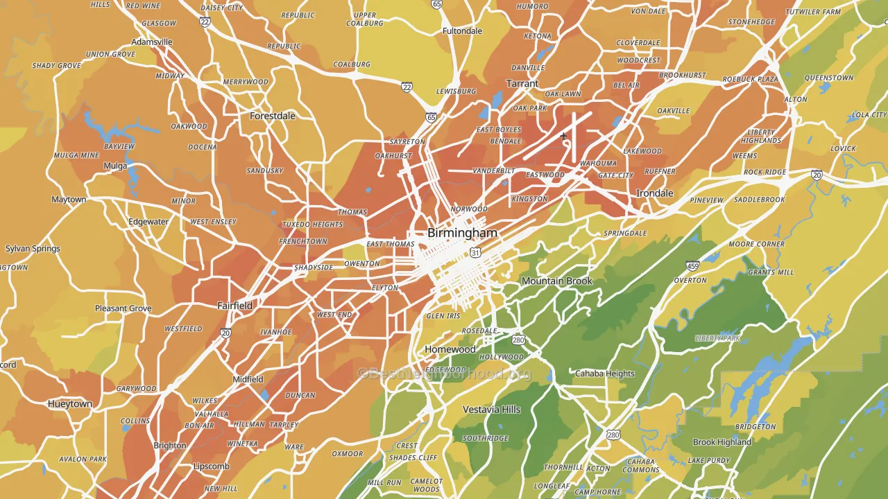 Map of the best neighborhoods in the Jefferson County area, with better matches in green and worse matches in red