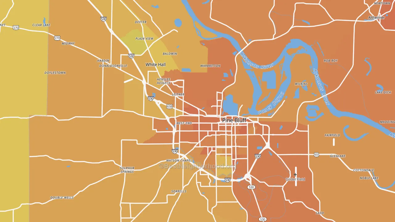 Map of the best neighborhoods in the Jefferson County area, with better matches in green and worse matches in red
