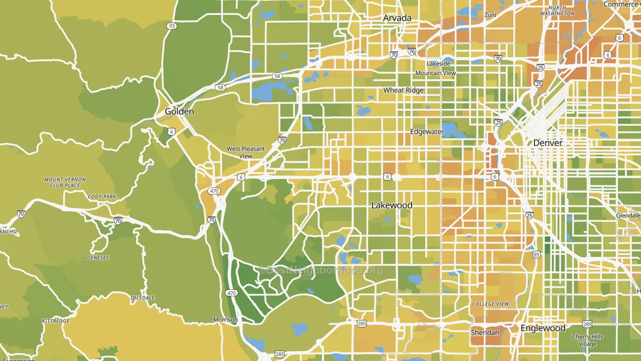 Map of the best neighborhoods in the Jefferson County area, with better matches in green and worse matches in red