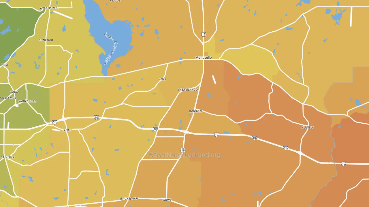 Map of the best neighborhoods in the Jefferson County area, with better matches in green and worse matches in red