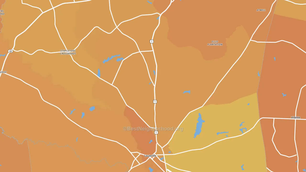 Map of the best neighborhoods in the Jefferson County area, with better matches in green and worse matches in red