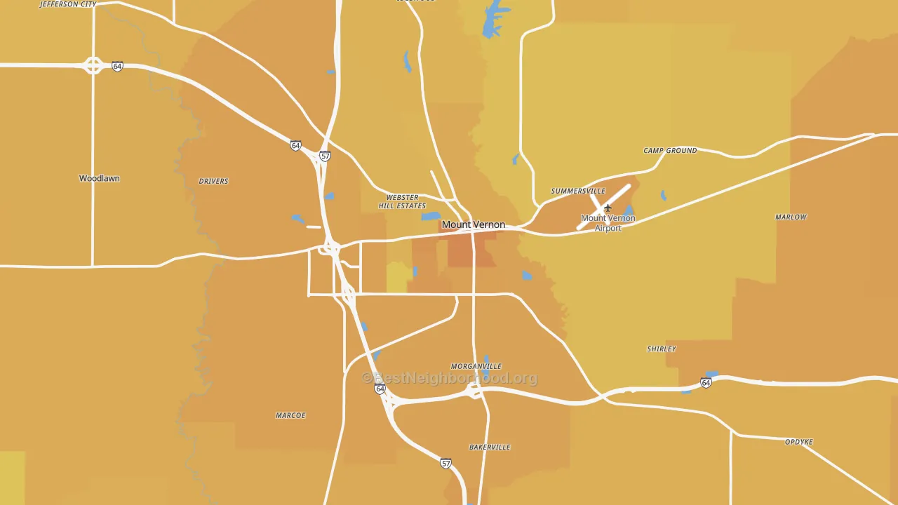 Map of the best neighborhoods in the Jefferson County area, with better matches in green and worse matches in red
