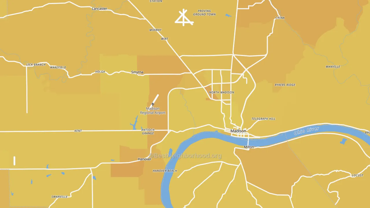 Map of the best neighborhoods in the Jefferson County area, with better matches in green and worse matches in red
