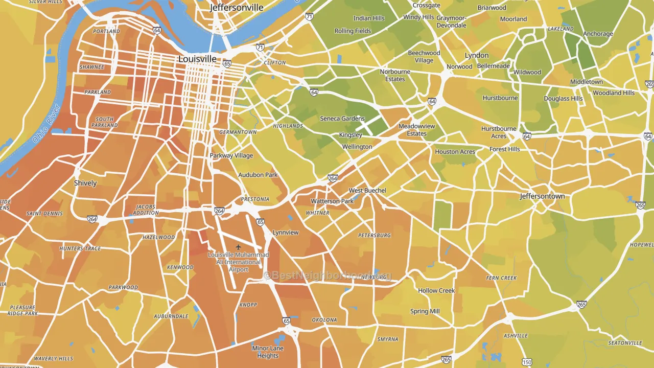 Map of the best neighborhoods in the Jefferson County area, with better matches in green and worse matches in red