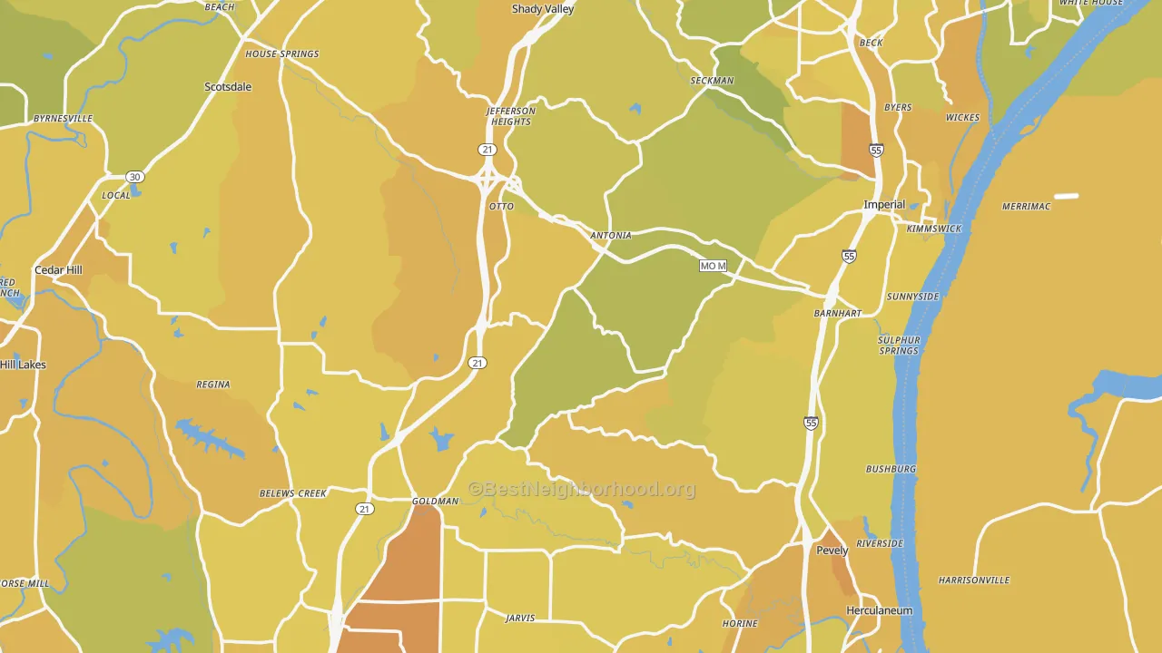 Map of the best neighborhoods in the Jefferson County area, with better matches in green and worse matches in red