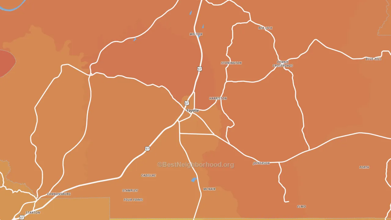 Map of the best neighborhoods in the Jefferson County area, with better matches in green and worse matches in red