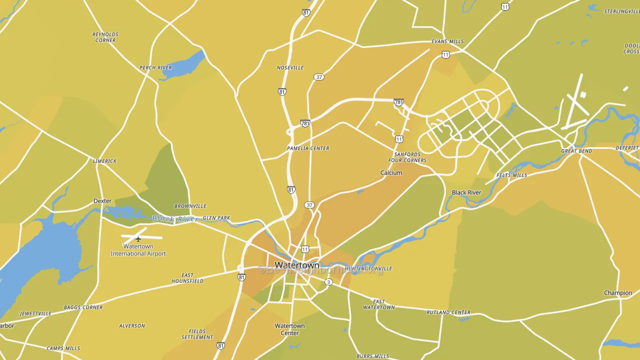 Map of the best neighborhoods in the Jefferson County area, with better matches in green and worse matches in red