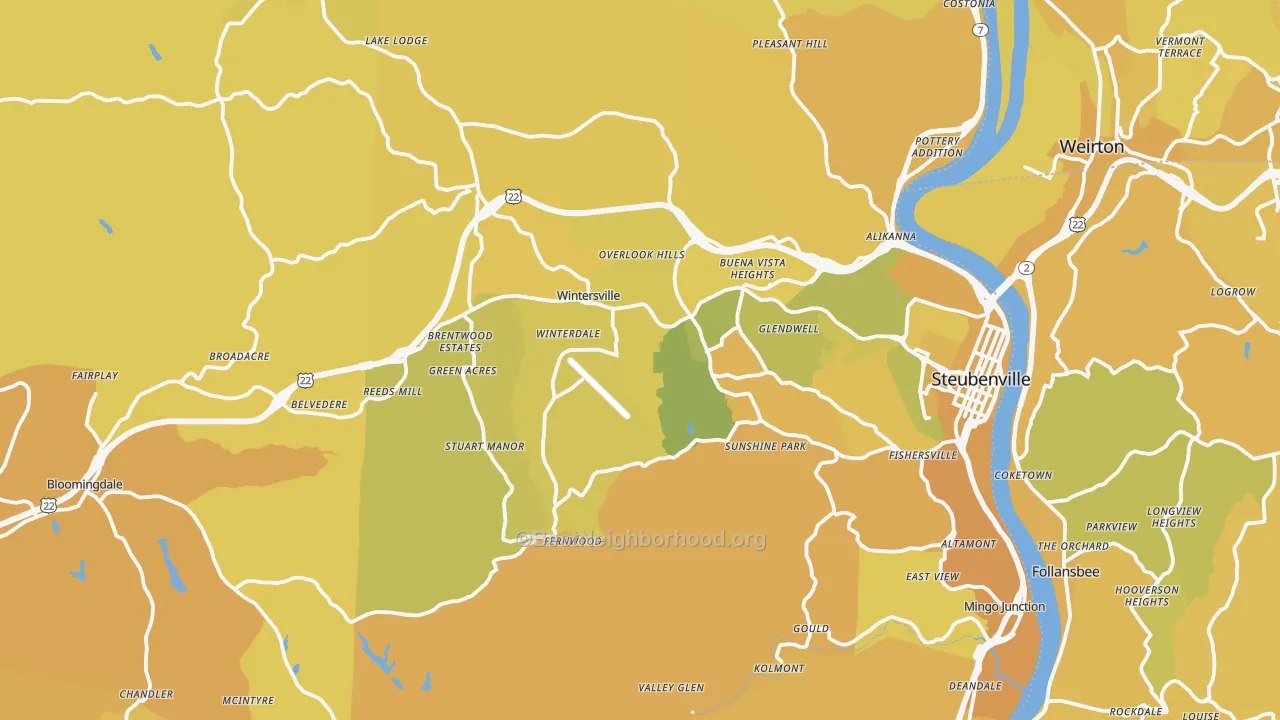 Map of the best neighborhoods in the Jefferson County area, with better matches in green and worse matches in red
