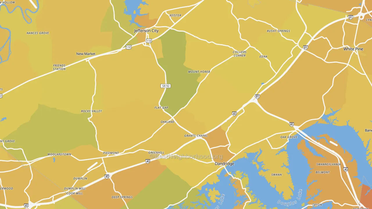 Map of the best neighborhoods in the Jefferson County area, with better matches in green and worse matches in red