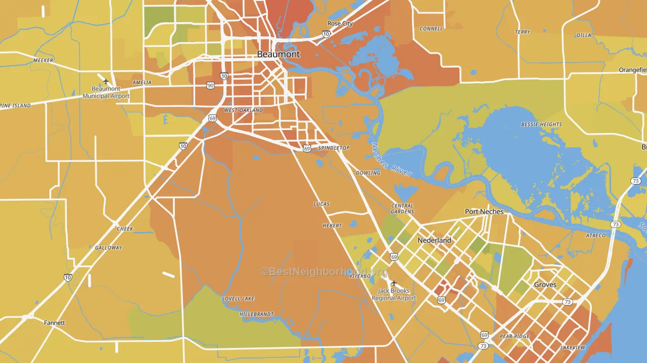 Map of the best neighborhoods in the Jefferson County area, with better matches in green and worse matches in red