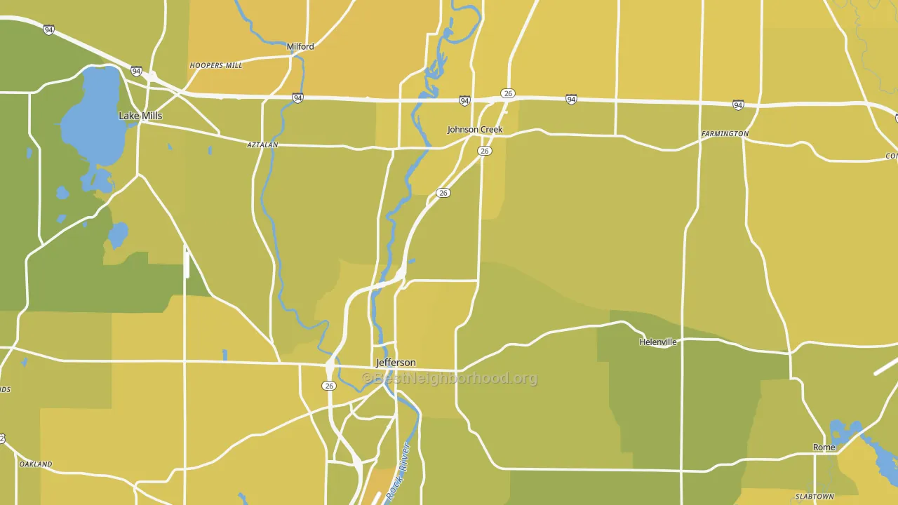 Map of the best neighborhoods in the Jefferson County area, with better matches in green and worse matches in red
