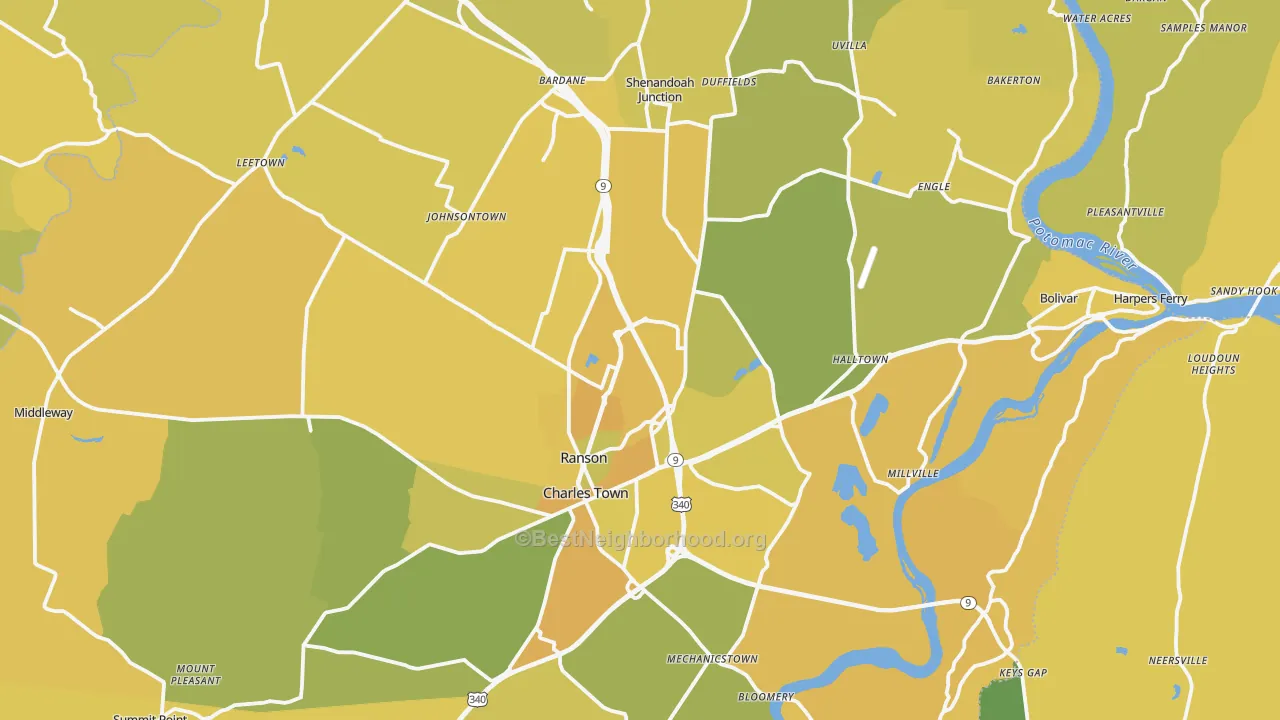 Map of the best neighborhoods in the Jefferson County area, with better matches in green and worse matches in red