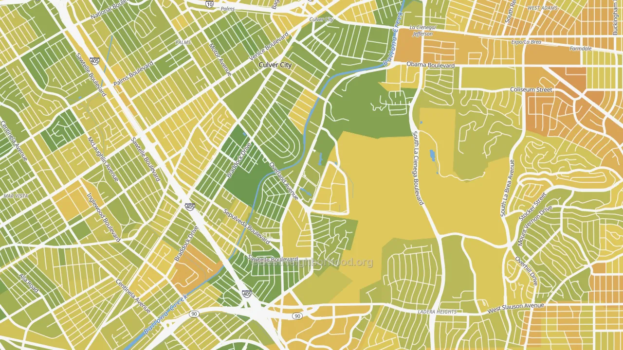 Map of the best neighborhoods in the Jefferson, Culver City area, with better matches in green and worse matches in red