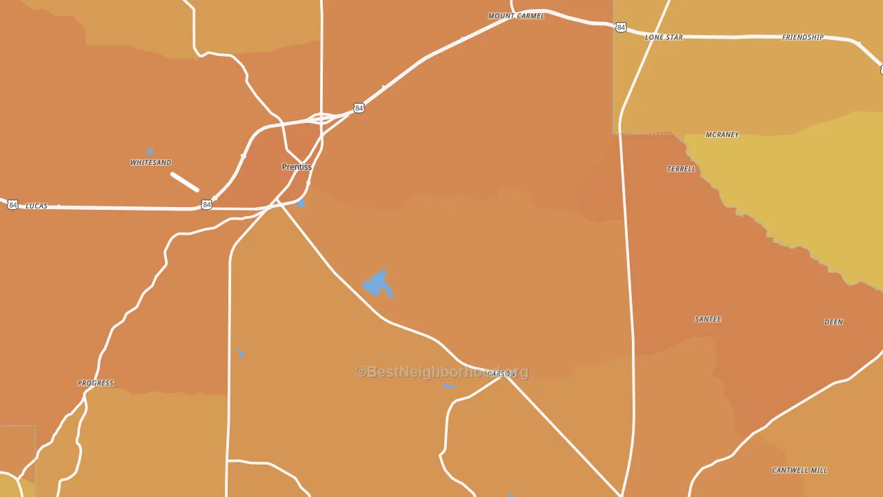 Map of the best neighborhoods in the Jefferson Davis County area, with better matches in green and worse matches in red