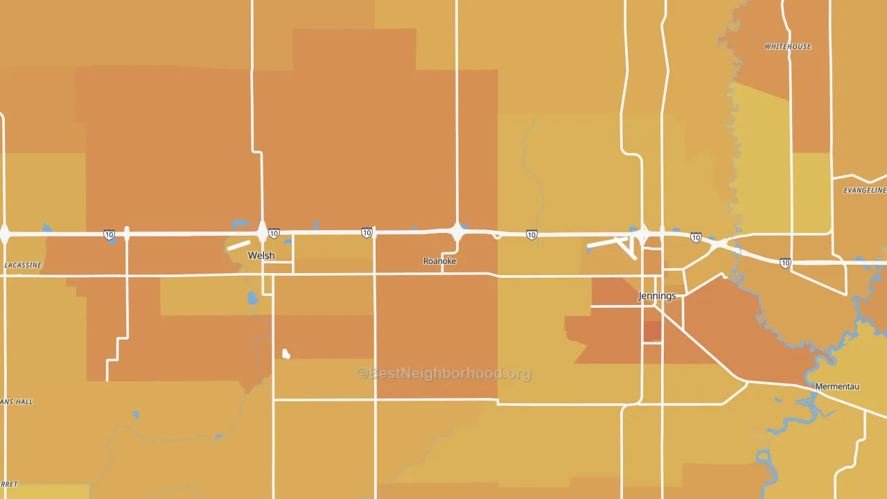Map of the best neighborhoods in the Jefferson Davis Parish area, with better matches in green and worse matches in red