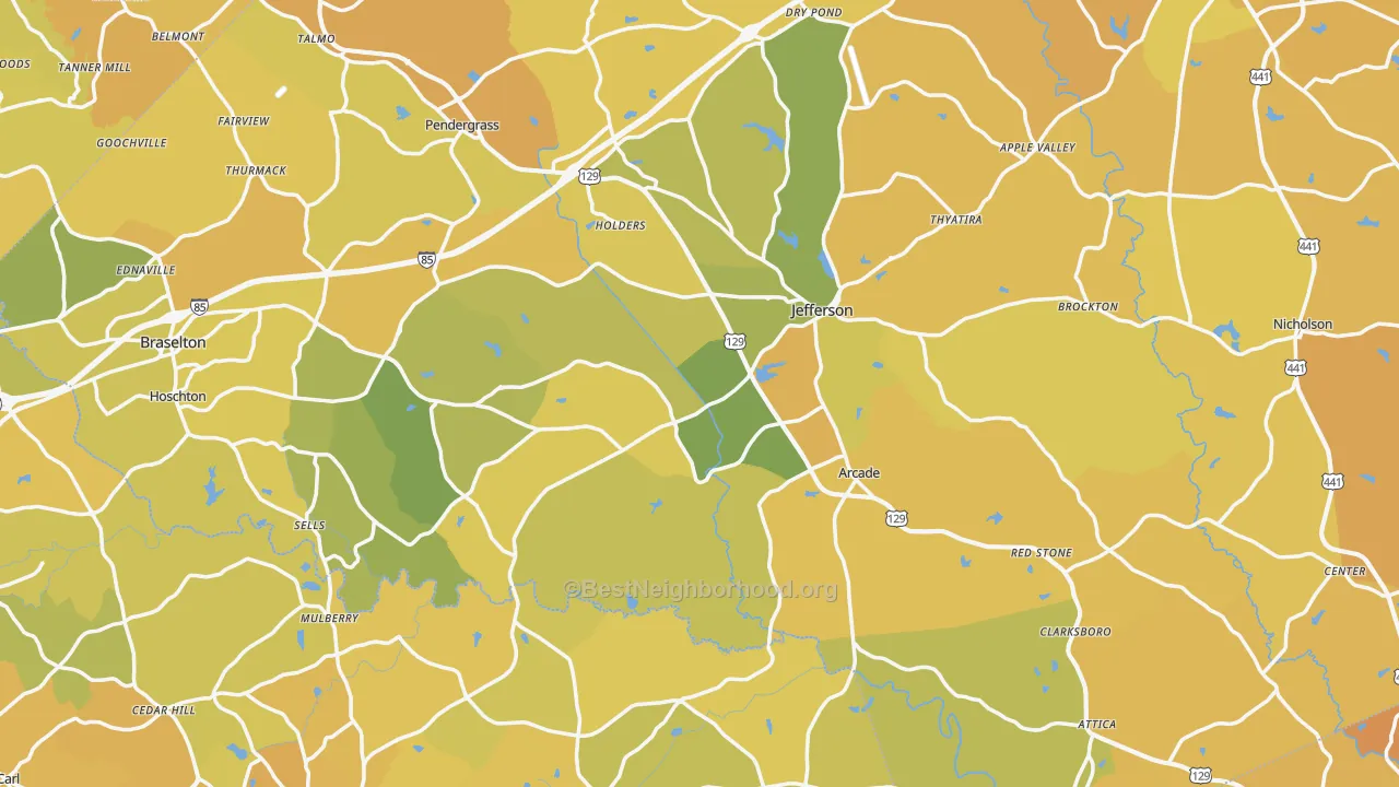 Map of the best neighborhoods in the Jefferson area, with better matches in green and worse matches in red