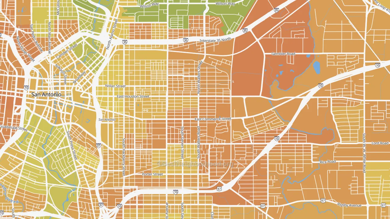 Map of the best neighborhoods in the Jefferson Heights, San Antonio area, with better matches in green and worse matches in red