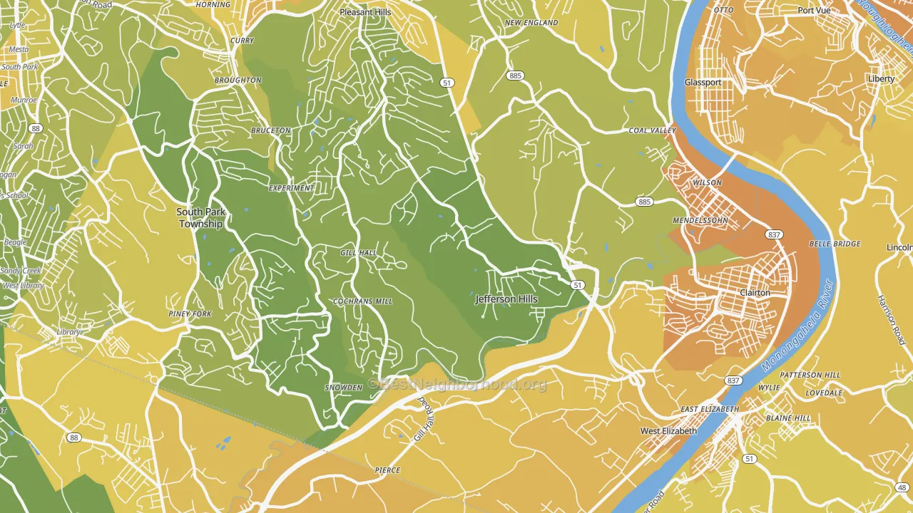 Map of the best neighborhoods in the Jefferson Hills area, with better matches in green and worse matches in red