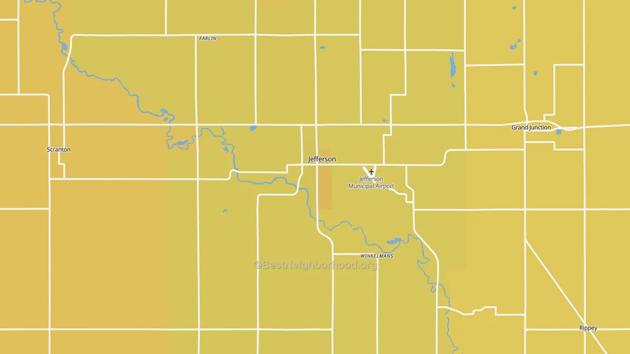 Map of the best neighborhoods in the Jefferson area, with better matches in green and worse matches in red