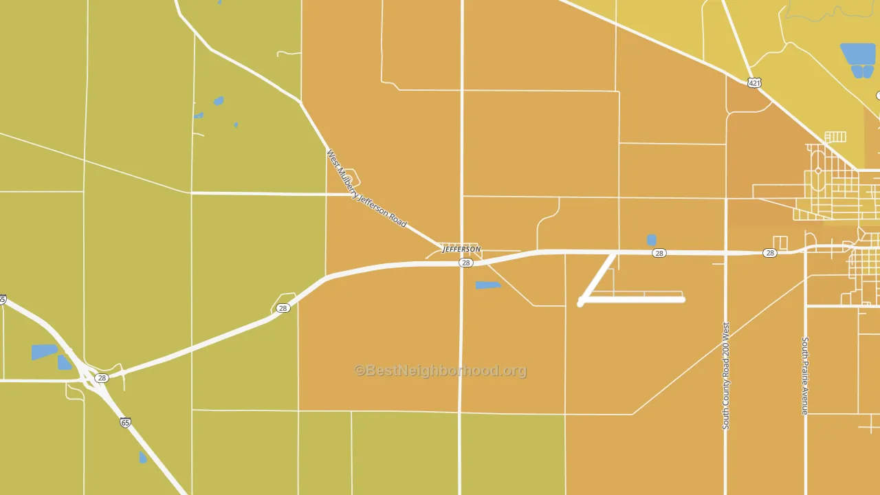 Map of the best neighborhoods in the Jefferson area, with better matches in green and worse matches in red