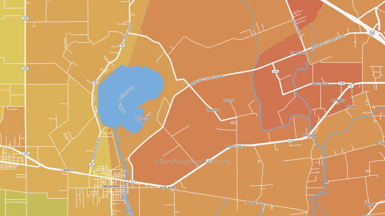 Map of the best neighborhoods in the Jefferson Island area, with better matches in green and worse matches in red