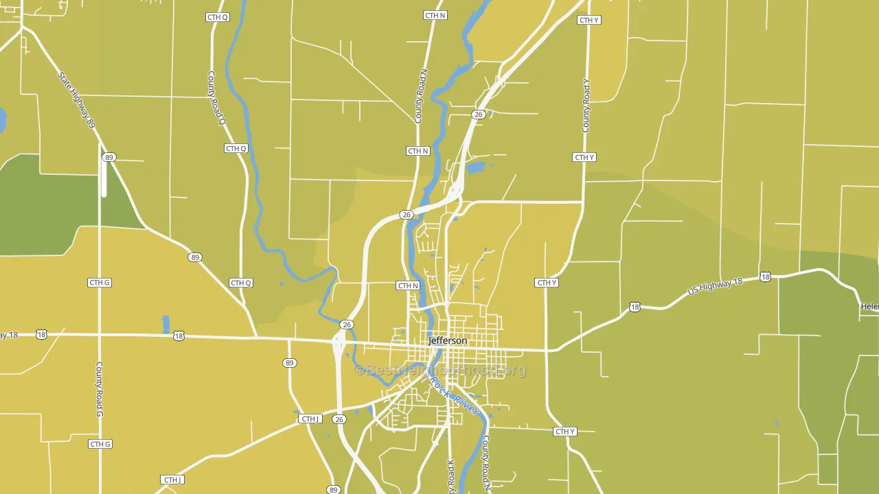 Map of the best neighborhoods in the Jefferson Junction area, with better matches in green and worse matches in red