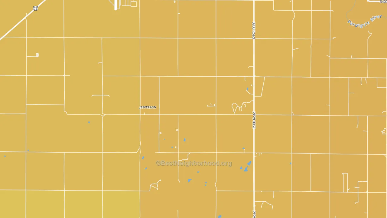 Map of the best neighborhoods in the Jefferson area, with better matches in green and worse matches in red